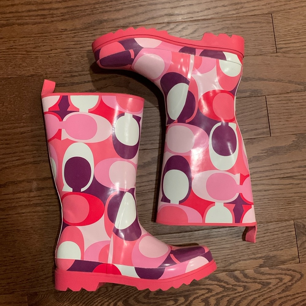 Coach Rain boots (pink, white, and purple)